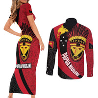 Papua New Guinea Mask Festival Couples Matching Short Sleeve Bodycon Dress and Long Sleeve Button Shirt Papua Niugini Tribe Mask Melanesian Pattern