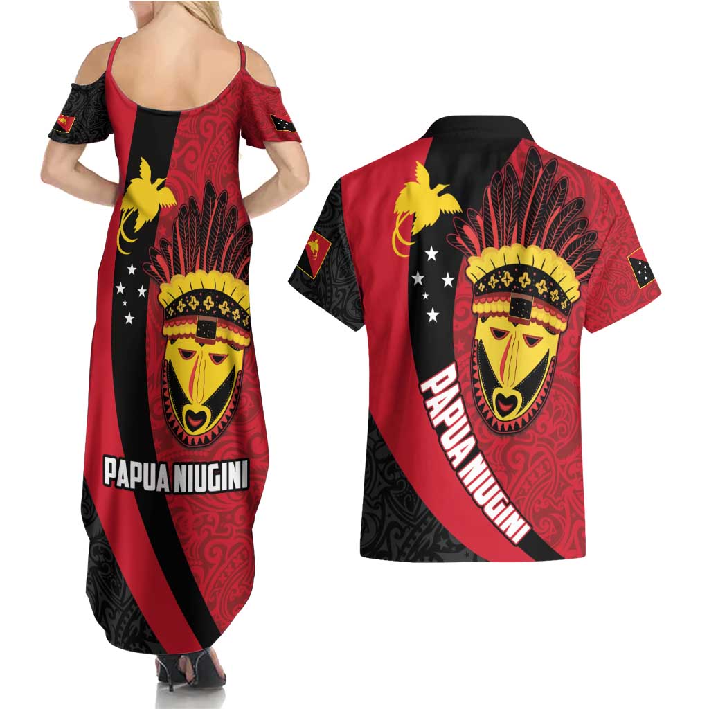 Papua New Guinea Mask Festival Couples Matching Summer Maxi Dress and Hawaiian Shirt Papua Niugini Tribe Mask Melanesian Pattern