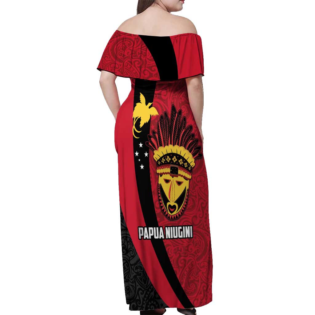 Papua New Guinea Mask Festival Off Shoulder Maxi Dress Papua Niugini Tribe Mask Melanesian Pattern LT03 - Polynesian Pride