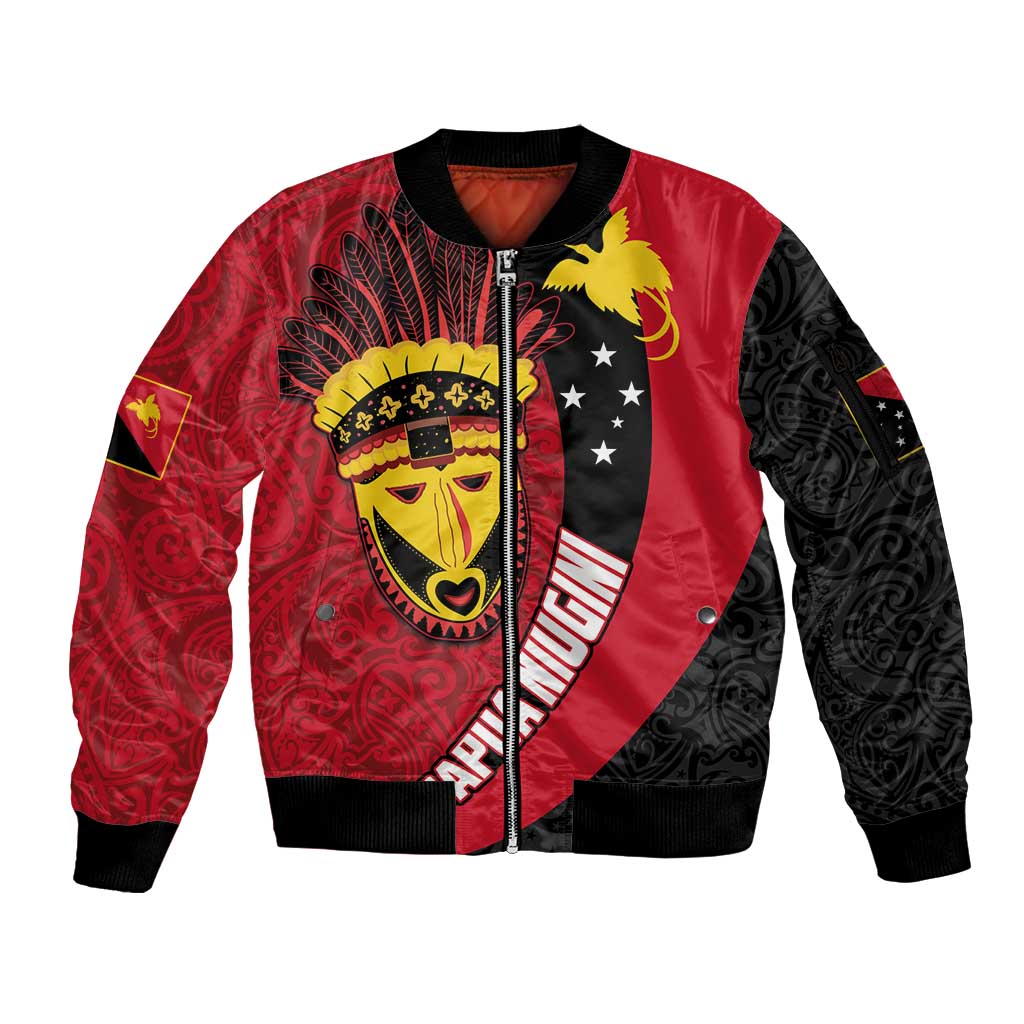 Papua New Guinea Mask Festival Sleeve Zip Bomber Jacket Papua Niugini Tribe Mask Melanesian Pattern