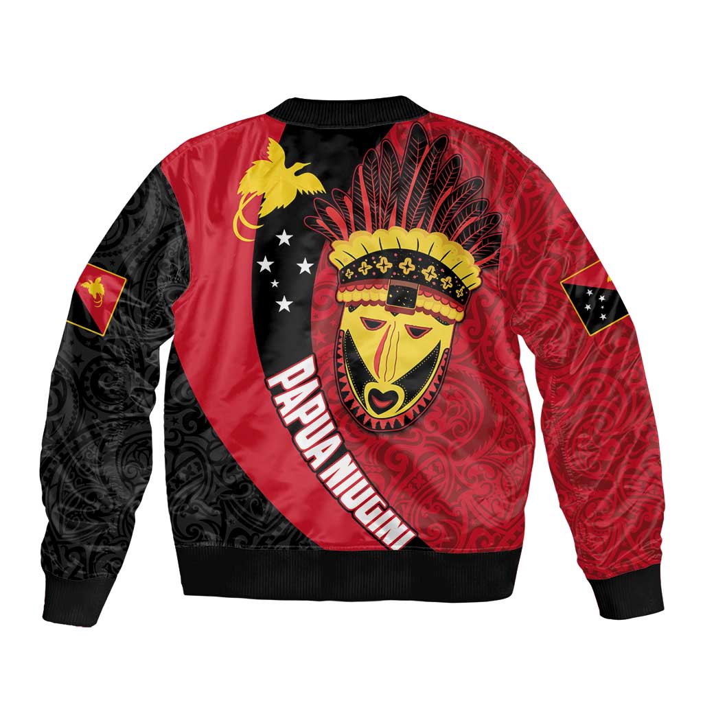 Papua New Guinea Mask Festival Sleeve Zip Bomber Jacket Papua Niugini Tribe Mask Melanesian Pattern