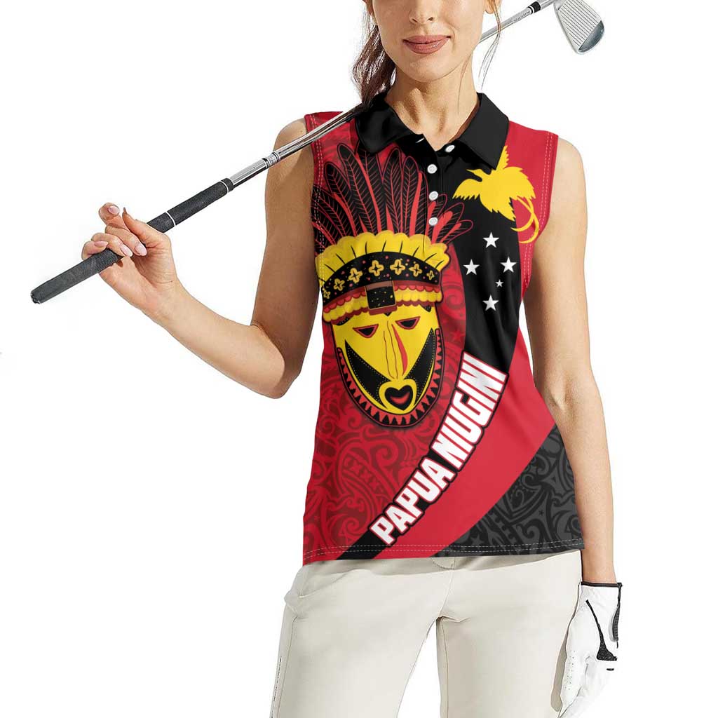 Papua New Guinea Mask Festival Women Sleeveless Polo Shirt Papua Niugini Tribe Mask Melanesian Pattern