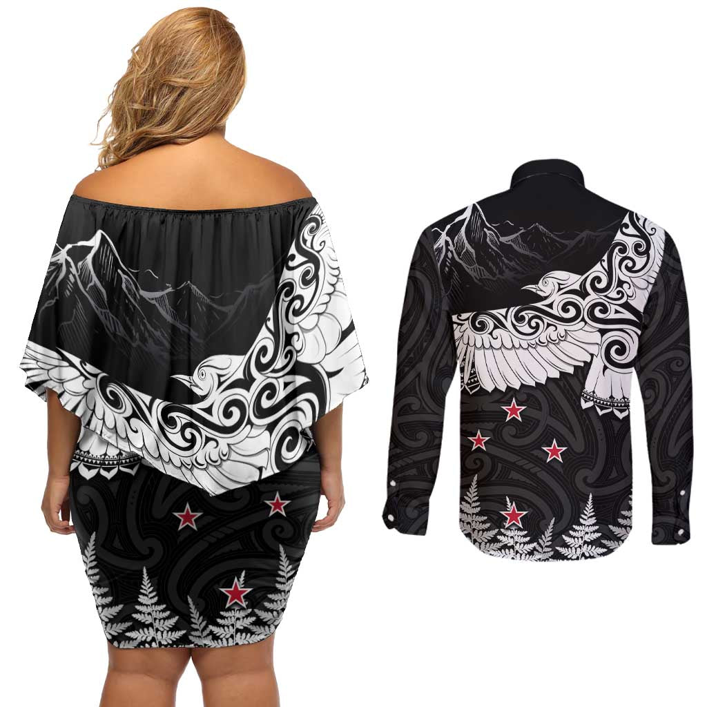 New Zealand Kea Bird Couples Matching Off Shoulder Short Dress and Long Sleeve Button Shirt Maori Tattoo and Silver Fern Black Color