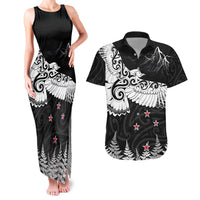 New Zealand Kea Bird Couples Matching Tank Maxi Dress and Hawaiian Shirt Maori Tattoo and Silver Fern Black Color