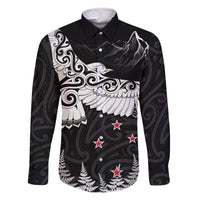 New Zealand Kea Bird Family Matching Off The Shoulder Long Sleeve Dress and Hawaiian Shirt Maori Tattoo and Silver Fern Black Color