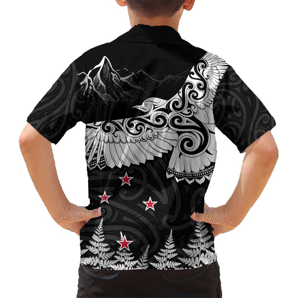 New Zealand Kea Bird Family Matching Short Sleeve Bodycon Dress and Hawaiian Shirt Maori Tattoo and Silver Fern Black Color