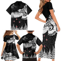 New Zealand Kea Bird Family Matching Short Sleeve Bodycon Dress and Hawaiian Shirt Maori Tattoo and Silver Fern Black Color