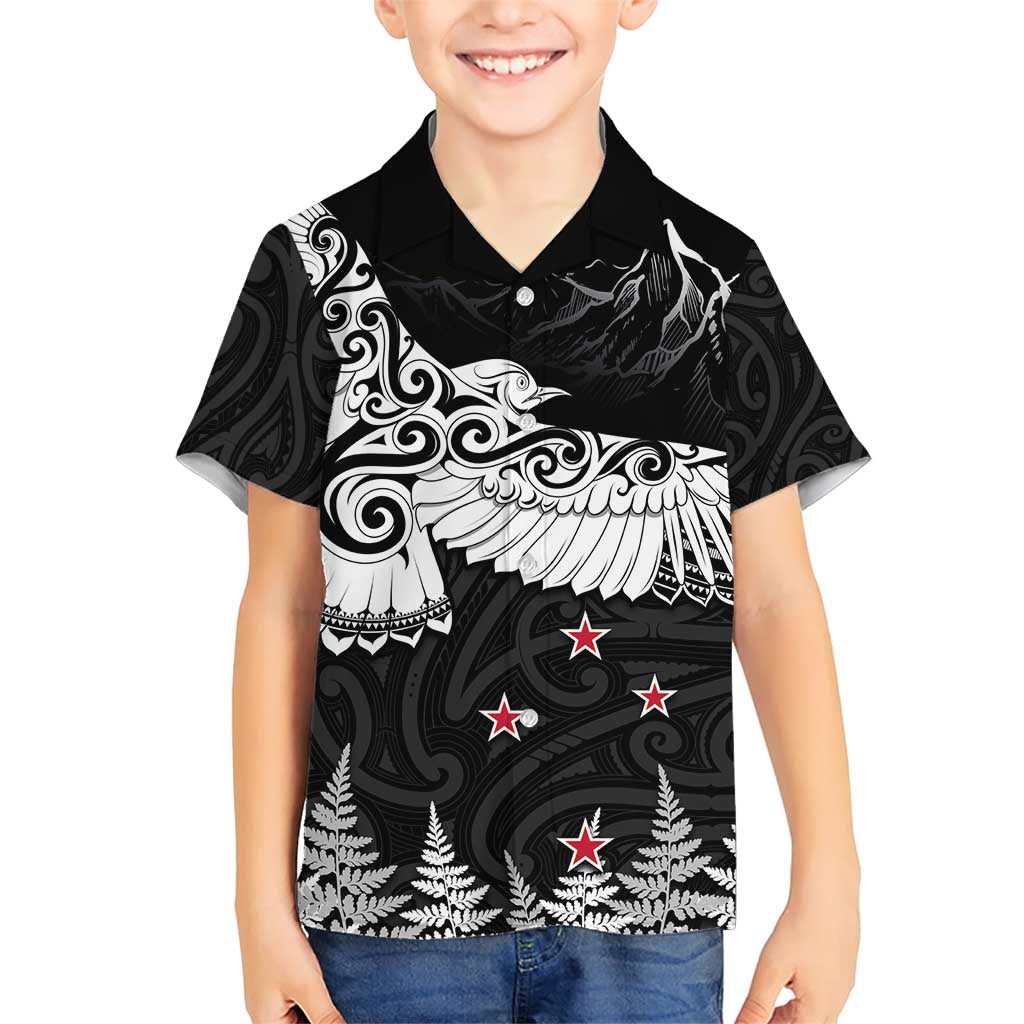 New Zealand Kea Bird Family Matching Short Sleeve Bodycon Dress and Hawaiian Shirt Maori Tattoo and Silver Fern Black Color