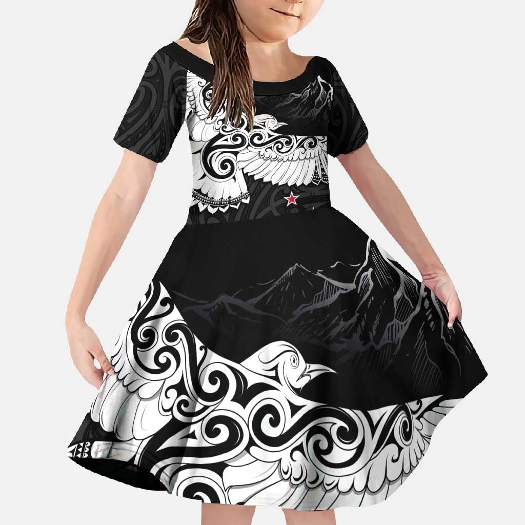 New Zealand Kea Bird Family Matching Tank Maxi Dress and Hawaiian Shirt Maori Tattoo and Silver Fern Black Color LT03 Daughter's Dress Black - Polynesian Pride