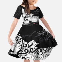 New Zealand Kea Bird Family Matching Tank Maxi Dress and Hawaiian Shirt Maori Tattoo and Silver Fern Black Color LT03 Daughter's Dress Black - Polynesian Pride