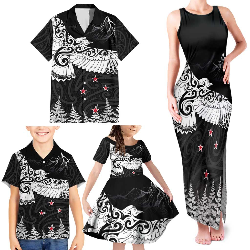 New Zealand Kea Bird Family Matching Tank Maxi Dress and Hawaiian Shirt Maori Tattoo and Silver Fern Black Color LT03 - Polynesian Pride