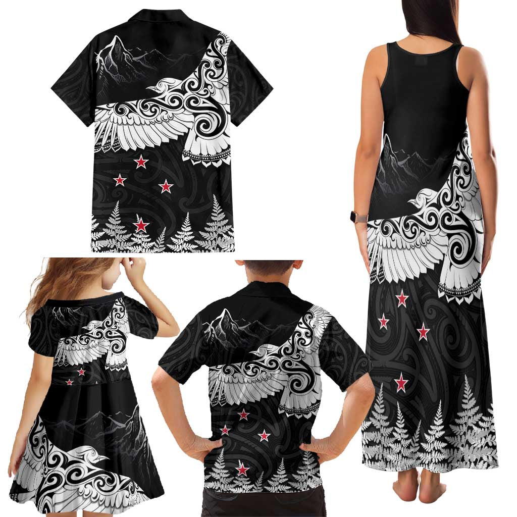 New Zealand Kea Bird Family Matching Tank Maxi Dress and Hawaiian Shirt Maori Tattoo and Silver Fern Black Color LT03 - Polynesian Pride