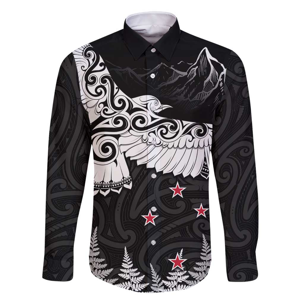 New Zealand Kea Bird Family Matching Tank Maxi Dress and Hawaiian Shirt Maori Tattoo and Silver Fern Black Color LT03 Dad's Shirt - Long Sleeve Black - Polynesian Pride