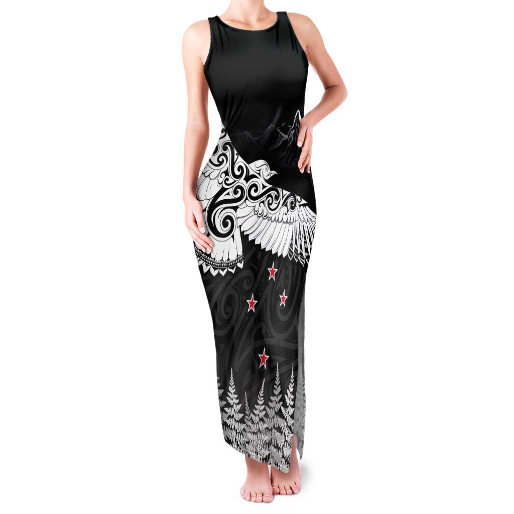 New Zealand Kea Bird Family Matching Tank Maxi Dress and Hawaiian Shirt Maori Tattoo and Silver Fern Black Color LT03 Mom's Dress Black - Polynesian Pride