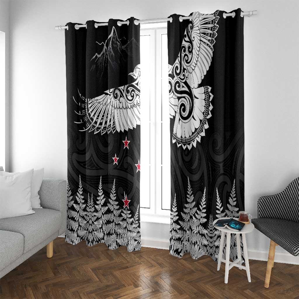 New Zealand Kea Bird Window Curtain Maori Tattoo and Silver Fern Black Color