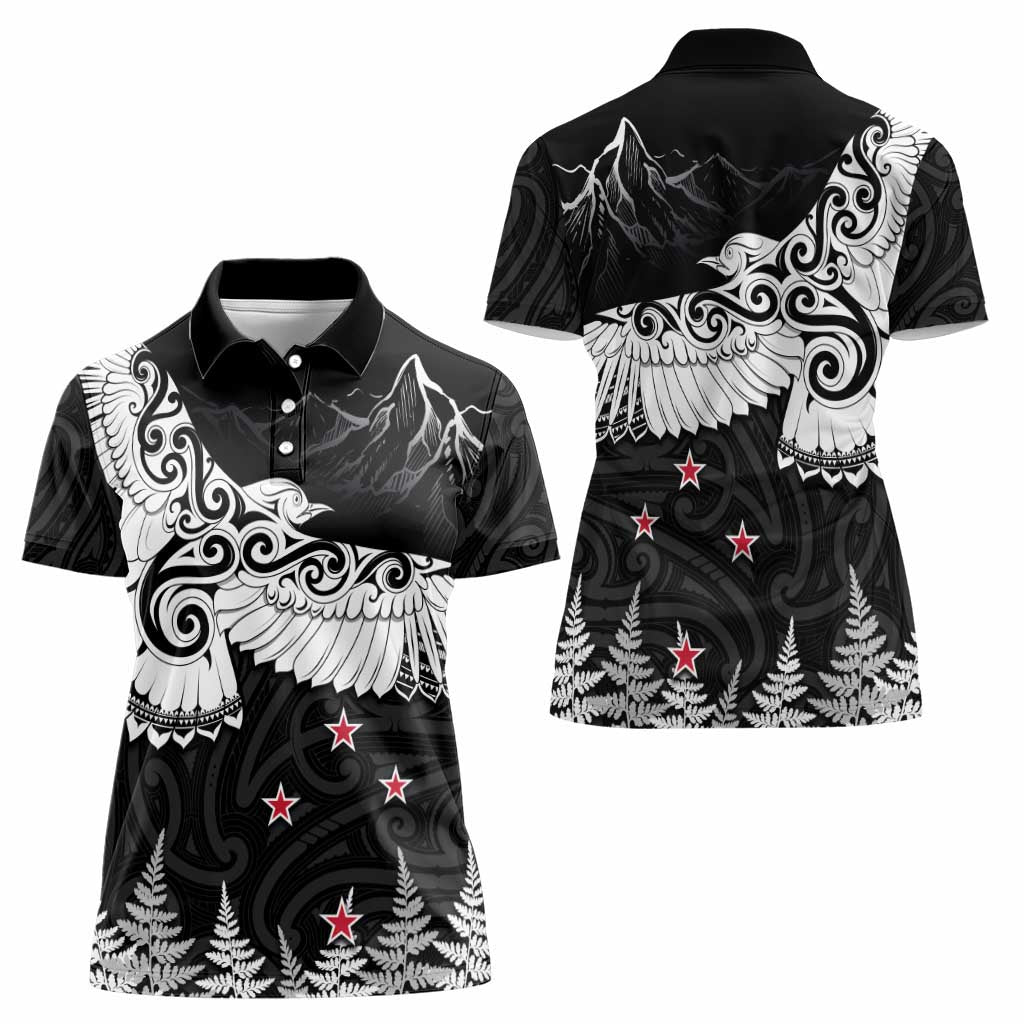 New Zealand Kea Bird Women Polo Shirt Maori Tattoo and Silver Fern Black Color