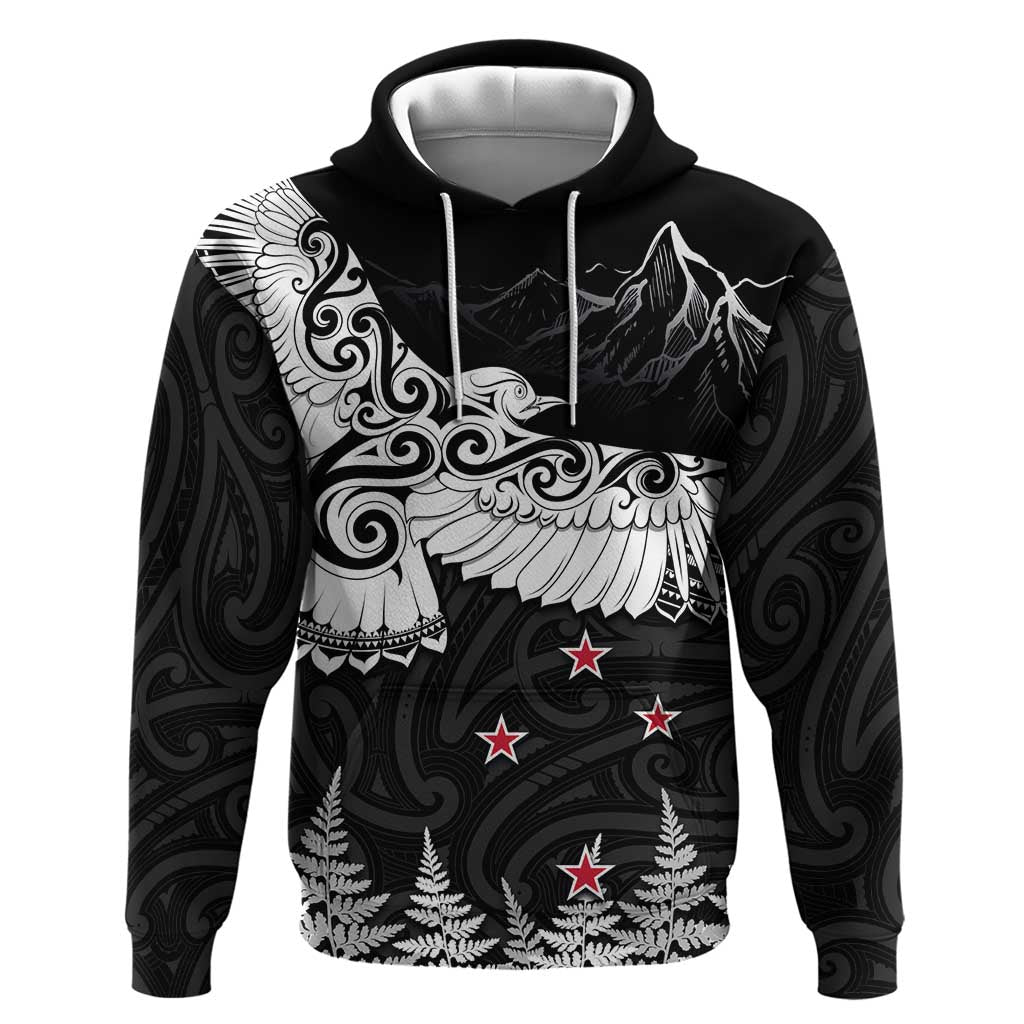 New Zealand Kea Bird Zip Hoodie Maori Tattoo and Silver Fern Black Color