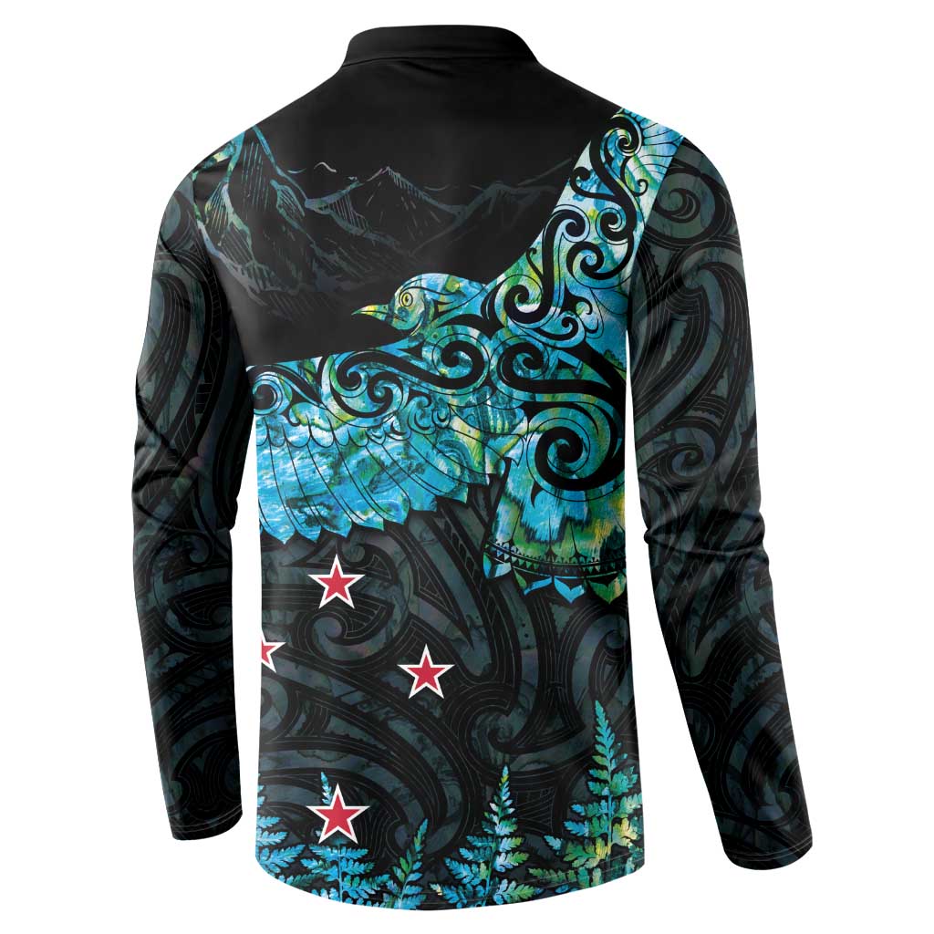 New Zealand Kea Bird Button Sweatshirt Maori Tattoo and Silver Fern Paua Shell Style