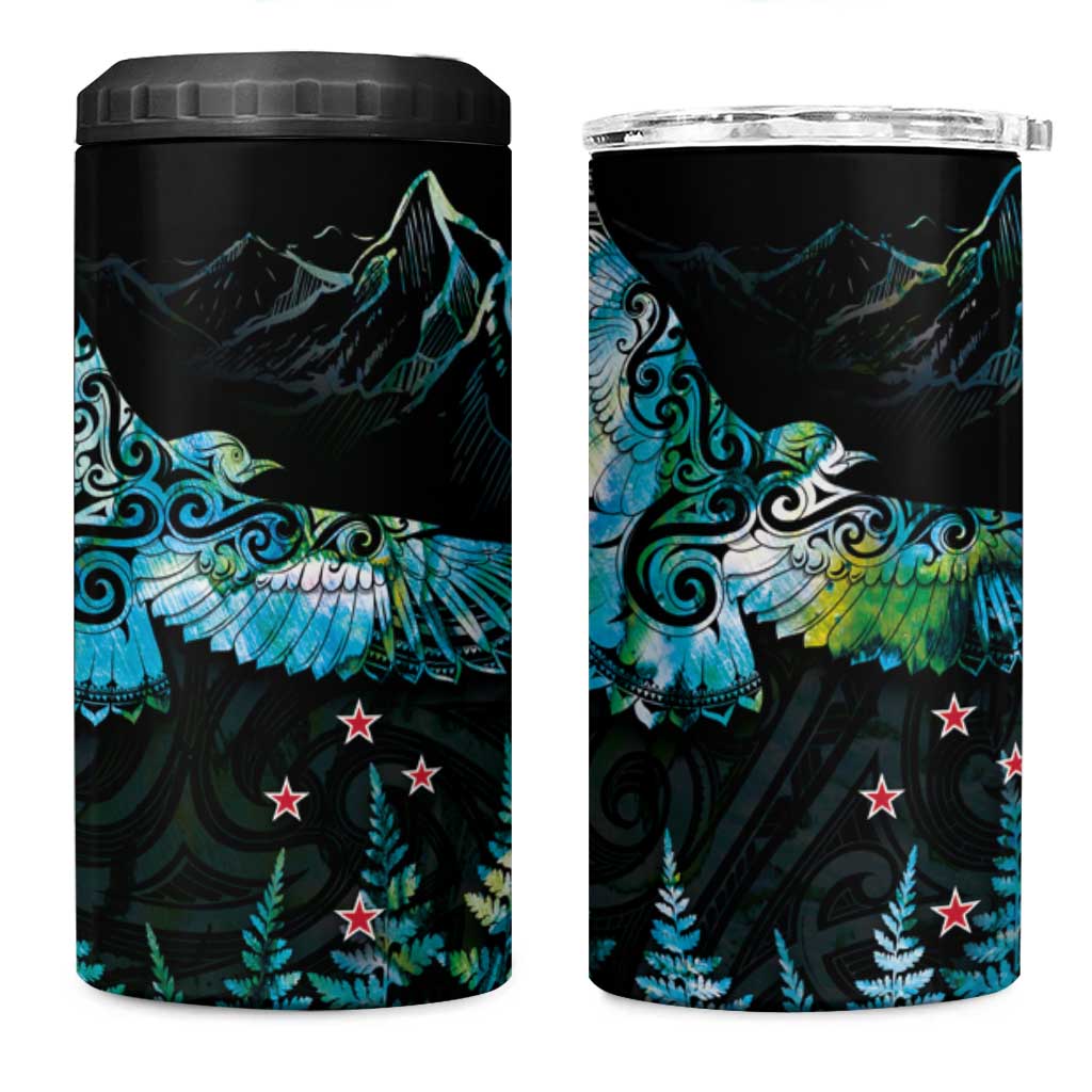 New Zealand Kea Bird 4 in 1 Can Cooler Tumbler Maori Tattoo and Silver Fern Paua Shell Style