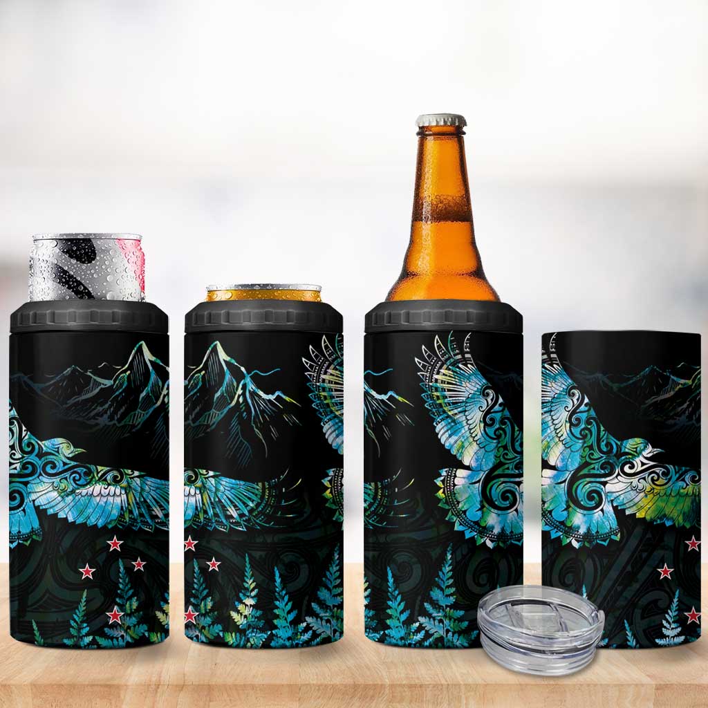 New Zealand Kea Bird 4 in 1 Can Cooler Tumbler Maori Tattoo and Silver Fern Paua Shell Style