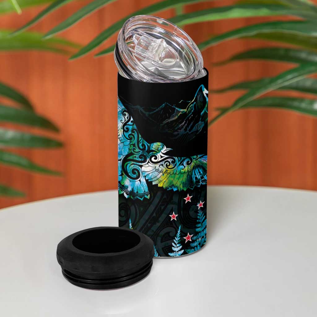New Zealand Kea Bird 4 in 1 Can Cooler Tumbler Maori Tattoo and Silver Fern Paua Shell Style