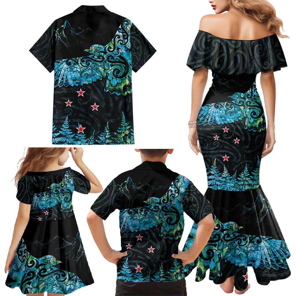 New Zealand Kea Bird Family Matching Mermaid Dress and Hawaiian Shirt Maori Tattoo and Silver Fern Paua Shell Style
