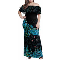 New Zealand Kea Bird Family Matching Off Shoulder Maxi Dress and Hawaiian Shirt Maori Tattoo and Silver Fern Paua Shell Style