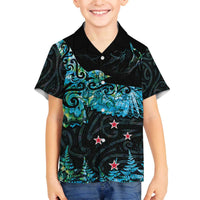 New Zealand Kea Bird Family Matching Off Shoulder Short Dress and Hawaiian Shirt Maori Tattoo and Silver Fern Paua Shell Style