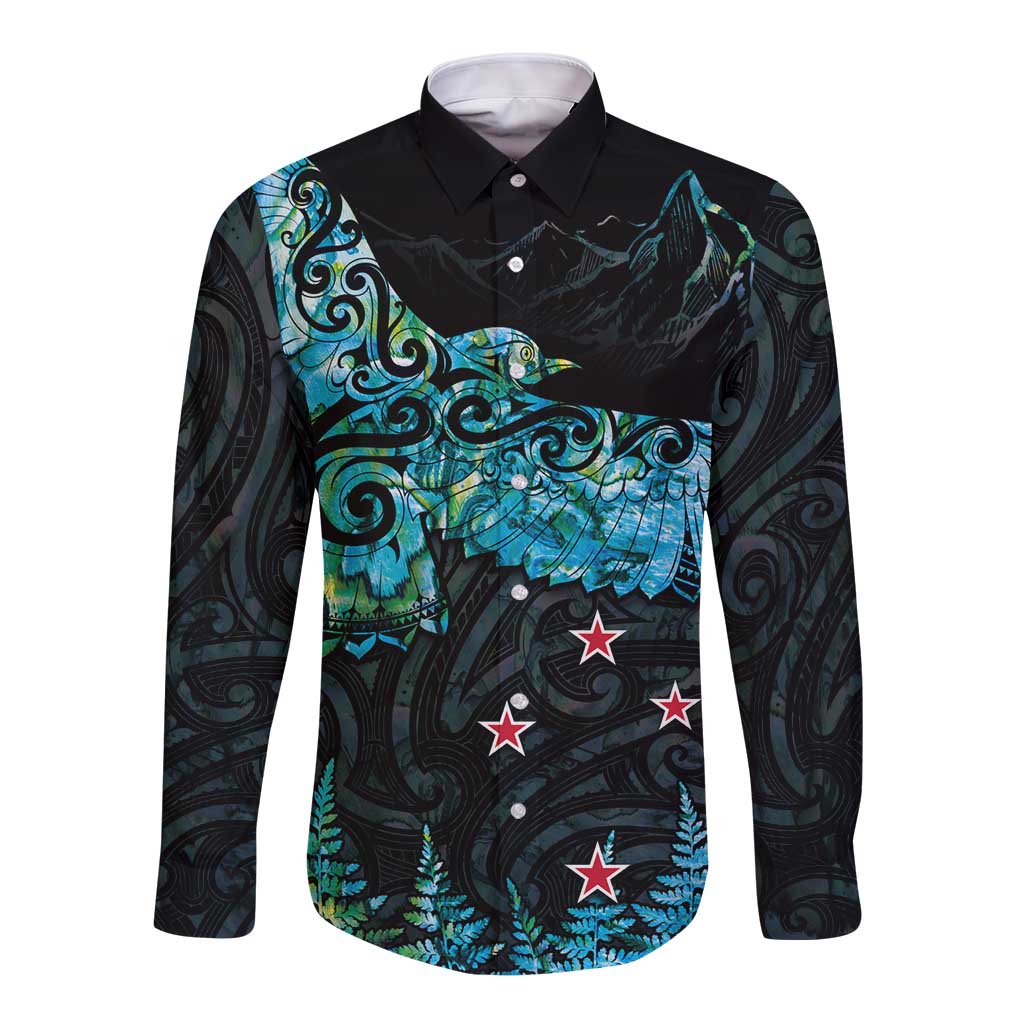 New Zealand Kea Bird Long Sleeve Button Shirt Maori Tattoo and Silver Fern Paua Shell Style LT03 Unisex Black - Polynesian Pride