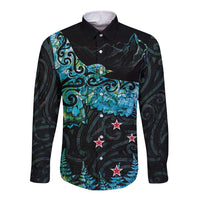 New Zealand Kea Bird Long Sleeve Button Shirt Maori Tattoo and Silver Fern Paua Shell Style LT03 Unisex Black - Polynesian Pride