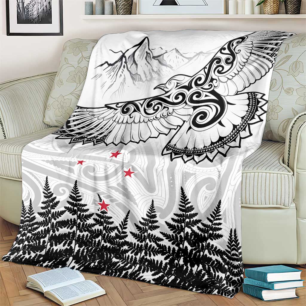 New Zealand Kea Bird Blanket Maori Tattoo and Silver Fern White Color