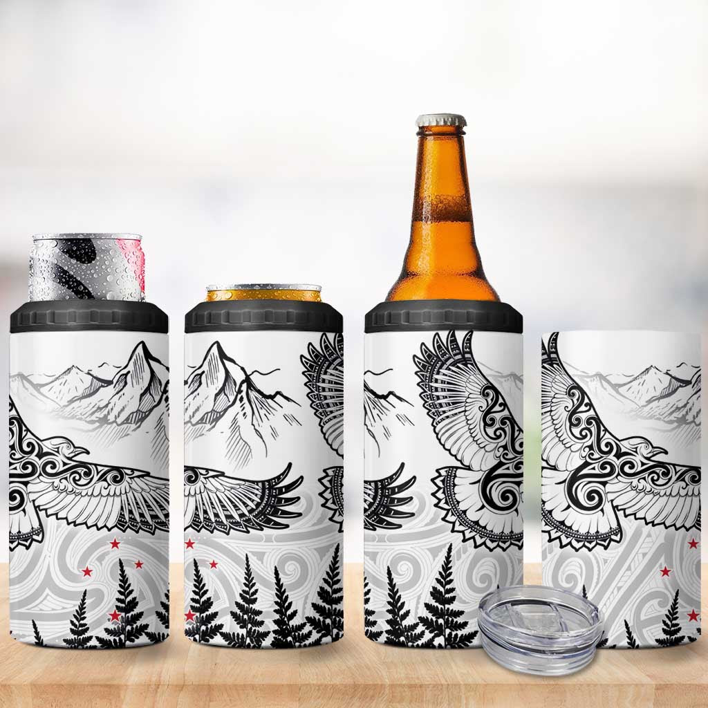 New Zealand Kea Bird 4 in 1 Can Cooler Tumbler Maori Tattoo and Silver Fern White Color