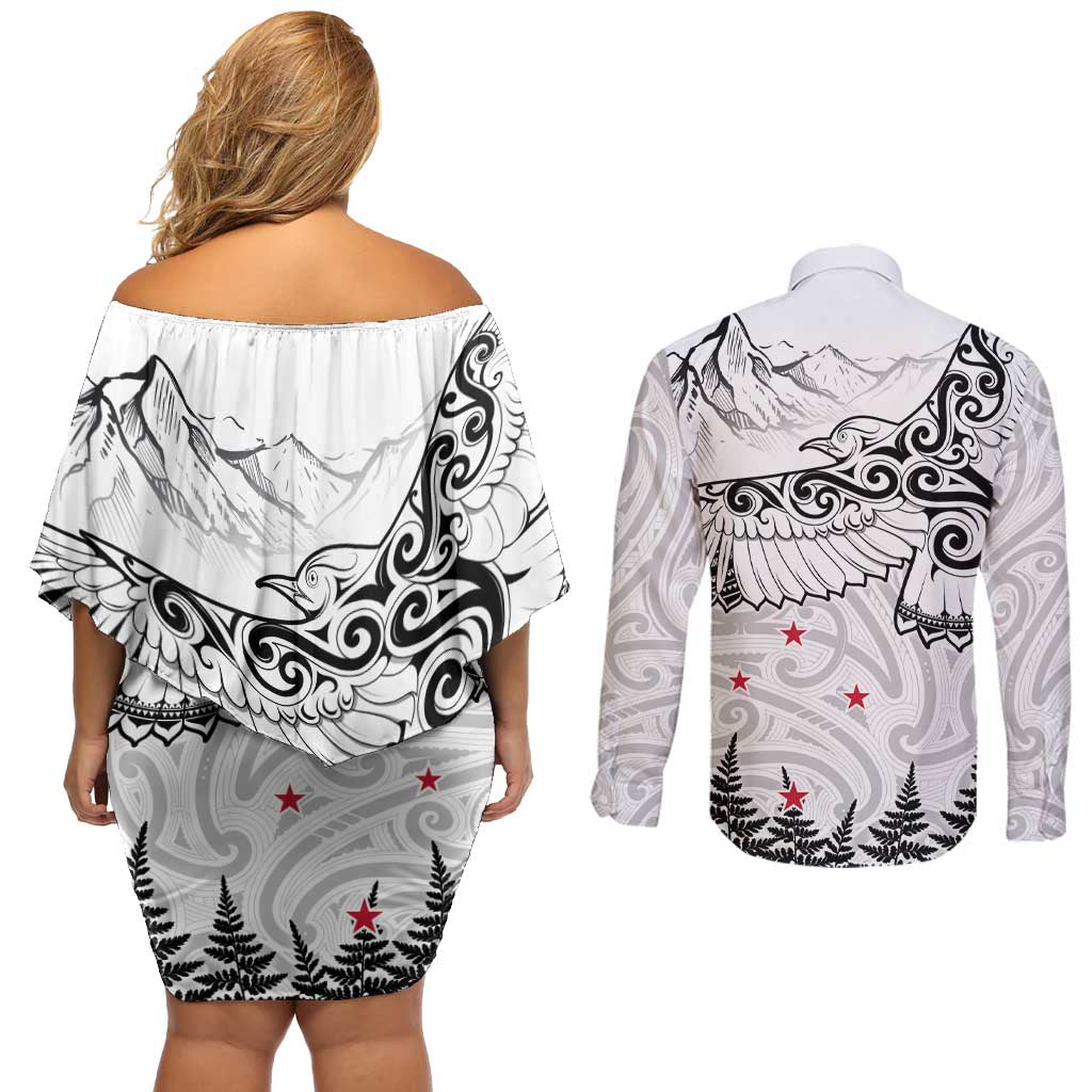 New Zealand Kea Bird Couples Matching Off Shoulder Short Dress and Long Sleeve Button Shirt Maori Tattoo and Silver Fern White Color