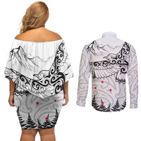New Zealand Kea Bird Couples Matching Off Shoulder Short Dress and Long Sleeve Button Shirt Maori Tattoo and Silver Fern White Color