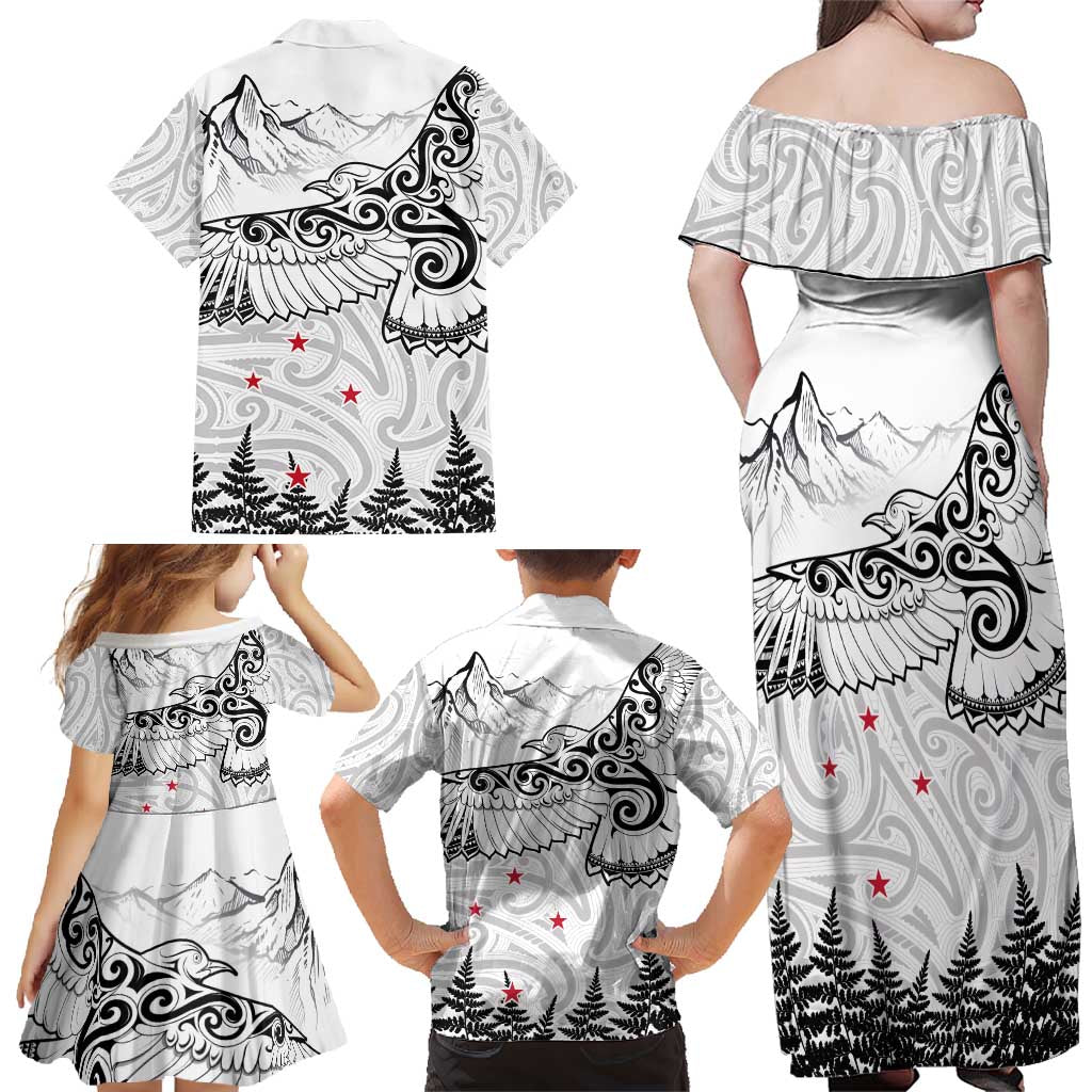 New Zealand Kea Bird Family Matching Off Shoulder Maxi Dress and Hawaiian Shirt Maori Tattoo and Silver Fern White Color