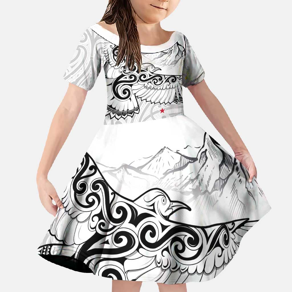 New Zealand Kea Bird Family Matching Short Sleeve Bodycon Dress and Hawaiian Shirt Maori Tattoo and Silver Fern White Color