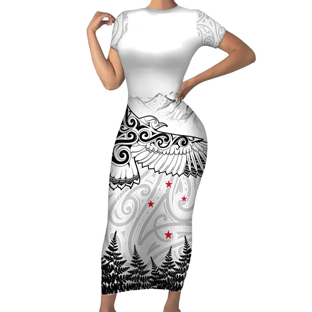 New Zealand Kea Bird Family Matching Short Sleeve Bodycon Dress and Hawaiian Shirt Maori Tattoo and Silver Fern White Color