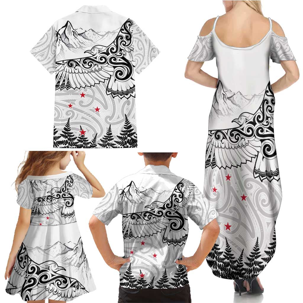 New Zealand Kea Bird Family Matching Summer Maxi Dress and Hawaiian Shirt Maori Tattoo and Silver Fern White Color