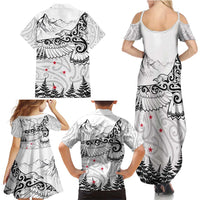 New Zealand Kea Bird Family Matching Summer Maxi Dress and Hawaiian Shirt Maori Tattoo and Silver Fern White Color