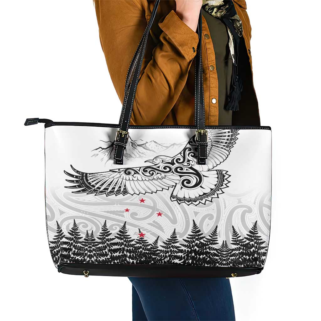 New Zealand Kea Bird Leather Tote Bag Maori Tattoo and Silver Fern White Color