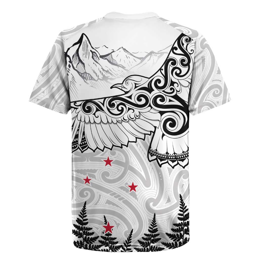 New Zealand Kea Bird Rugby Jersey Maori Tattoo and Silver Fern White Color