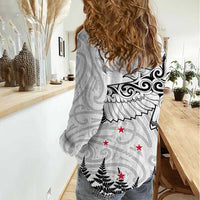 New Zealand Kea Bird Women Casual Shirt Maori Tattoo and Silver Fern White Color