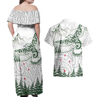 New Zealand Kea Bird Couples Matching Off Shoulder Maxi Dress and Hawaiian Shirt Maori Tattoo and Silver Fern Green Color