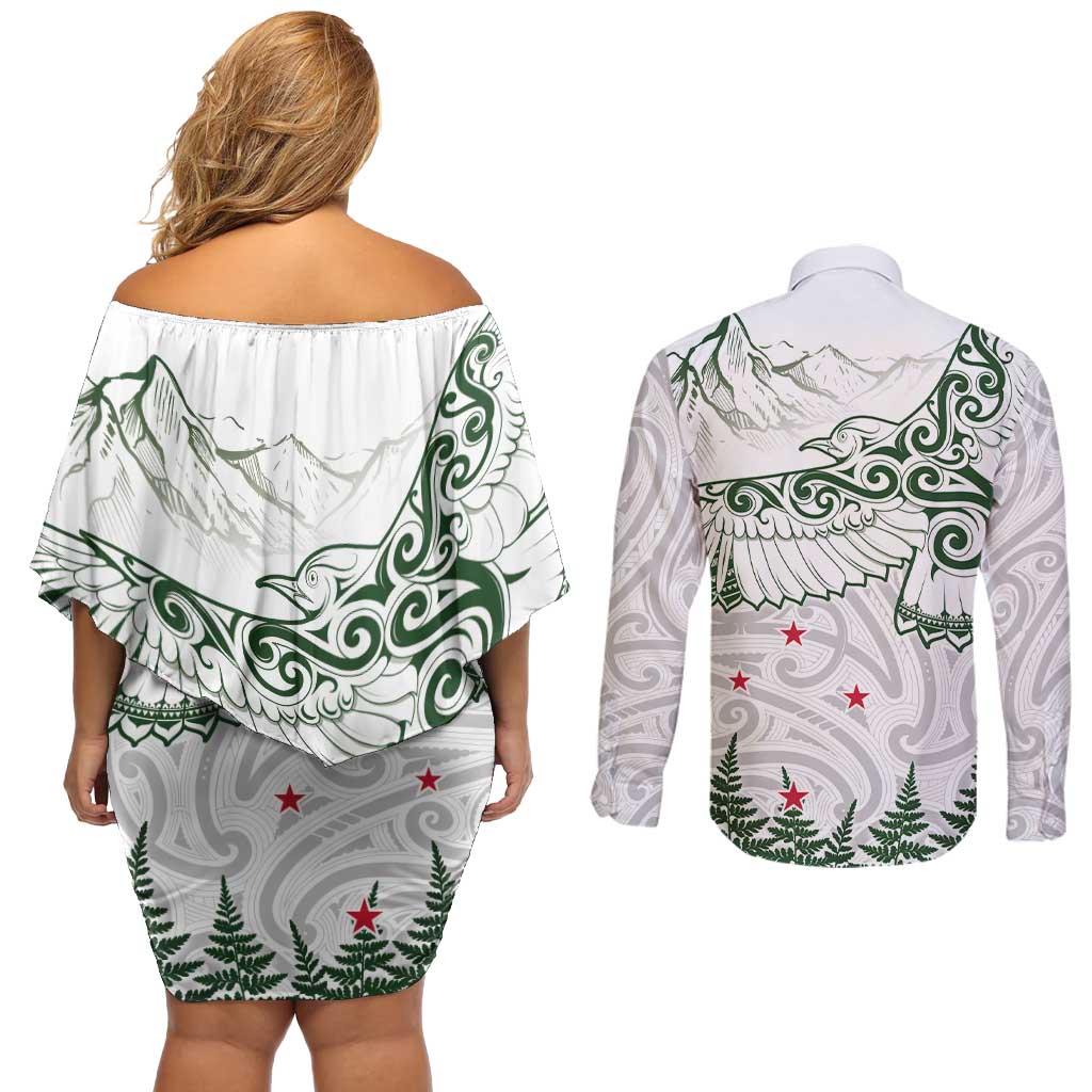 New Zealand Kea Bird Couples Matching Off Shoulder Short Dress and Long Sleeve Button Shirt Maori Tattoo and Silver Fern Green Color