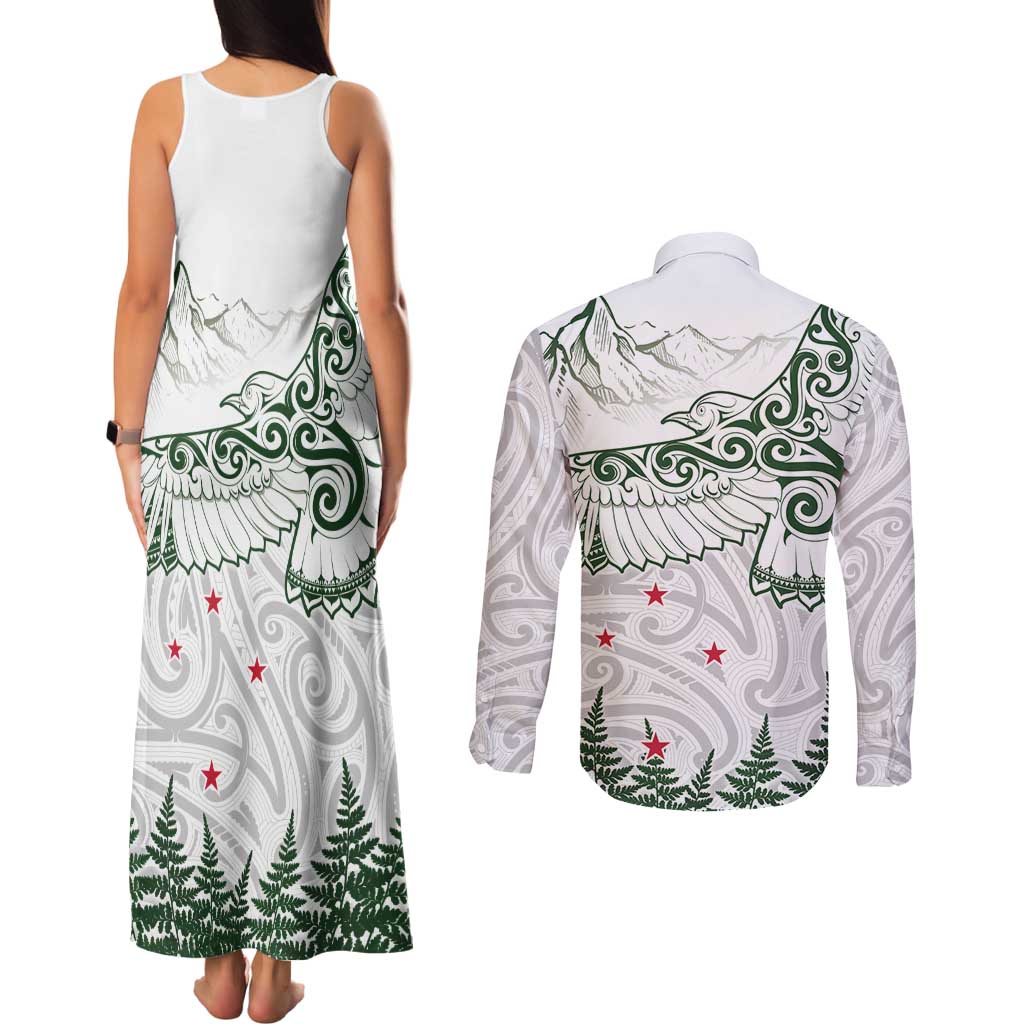 New Zealand Kea Bird Couples Matching Tank Maxi Dress and Long Sleeve Button Shirt Maori Tattoo and Silver Fern Green Color