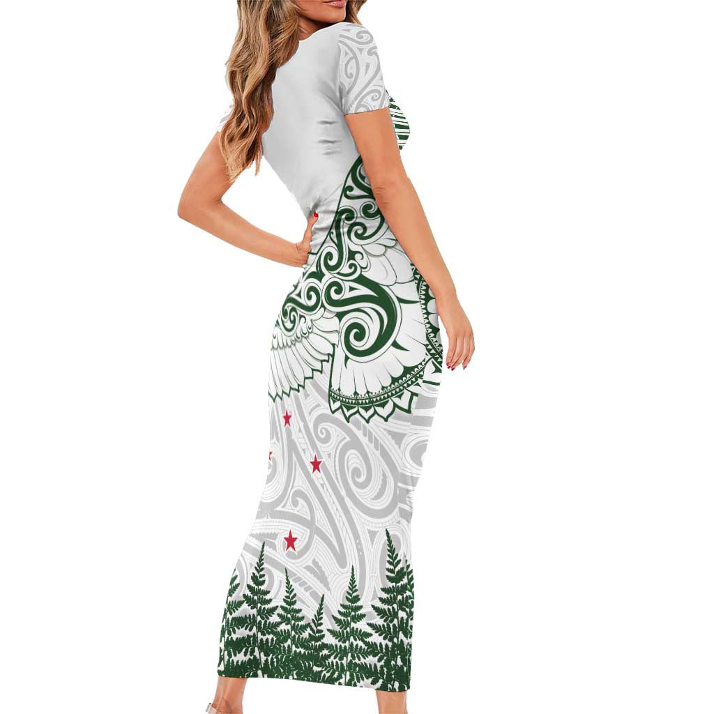 New Zealand Kea Bird Family Matching Short Sleeve Bodycon Dress and Hawaiian Shirt Maori Tattoo and Silver Fern Green Color