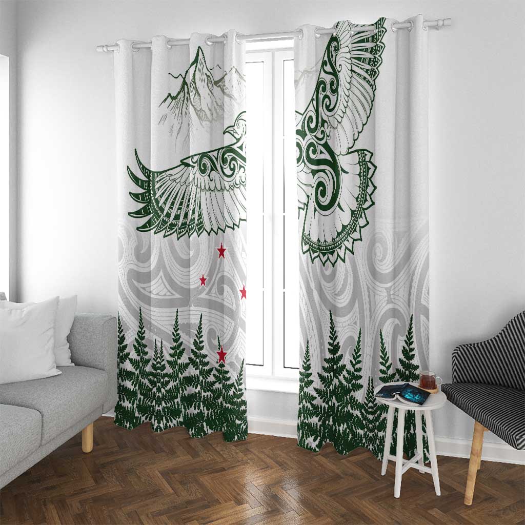 New Zealand Kea Bird Window Curtain Maori Tattoo and Silver Fern Green Color