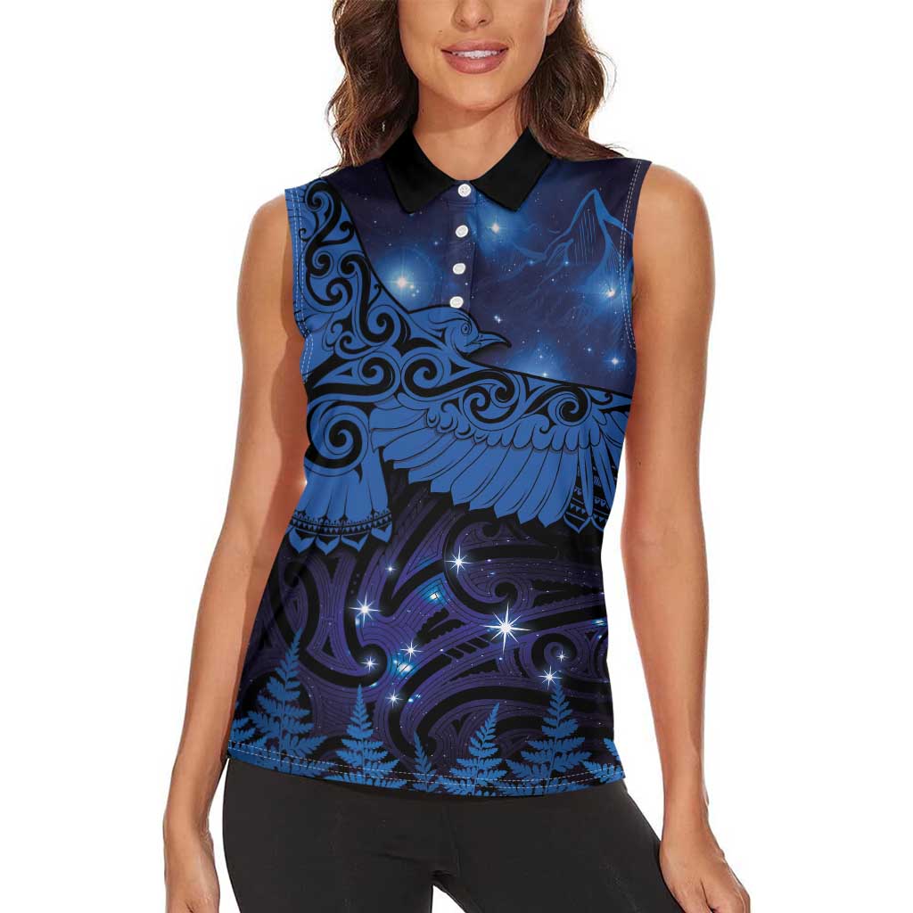 New Zealand Kea Bird Women Sleeveless Polo Shirt Maori Tattoo and Silver Fern Matariki Style
