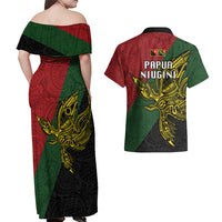 Papua New Guinea Chimbu Province Couples Matching Off Shoulder Maxi Dress and Hawaiian Shirt PNG Birds Of Paradise Polynesian Arty Style LT03 - Polynesian Pride