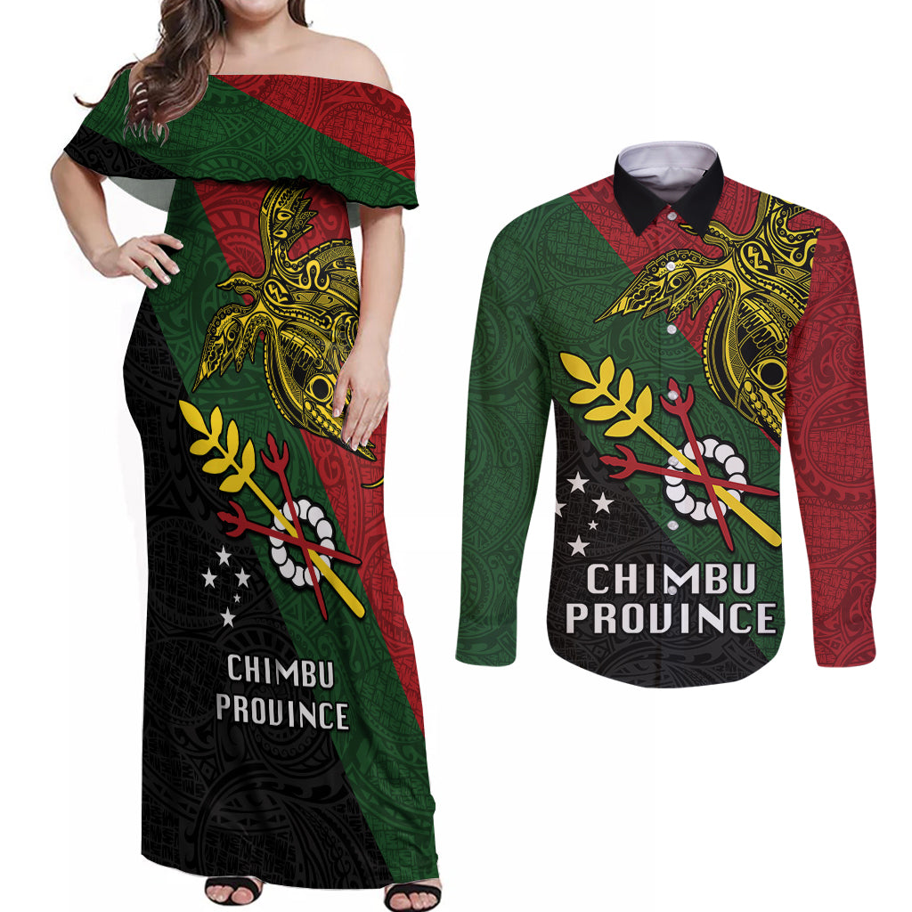 Papua New Guinea Chimbu Province Couples Matching Off Shoulder Maxi Dress and Long Sleeve Button Shirts PNG Birds Of Paradise Polynesian Arty Style LT03 Green - Polynesian Pride
